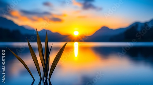 A plant in the middle of a lake with the sun setting in the background