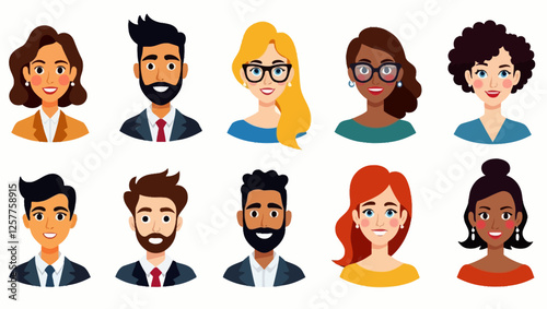 A collection of diverse facial avatars, representing different ethnicities and personalities in a clean and modern vector style.