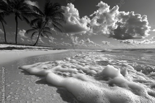 A peaceful black and white beach view, featuring a striking monochrome paradise island ideal for meditation and travel. Framed by palm trees, white sand, a dark sky, and artistic waves, it presents a