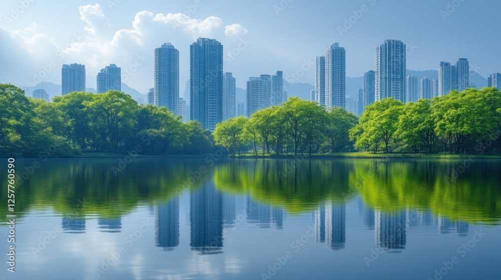 Serene cityscape with skyscrapers reflecting in a tranquil lake surrounded by lush greenery Serene cityscape with skyscrapers reflecting in a tranquil lake surrounded by lush greenery