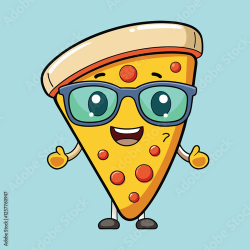 Cute pizza slice cartoon character with glasses