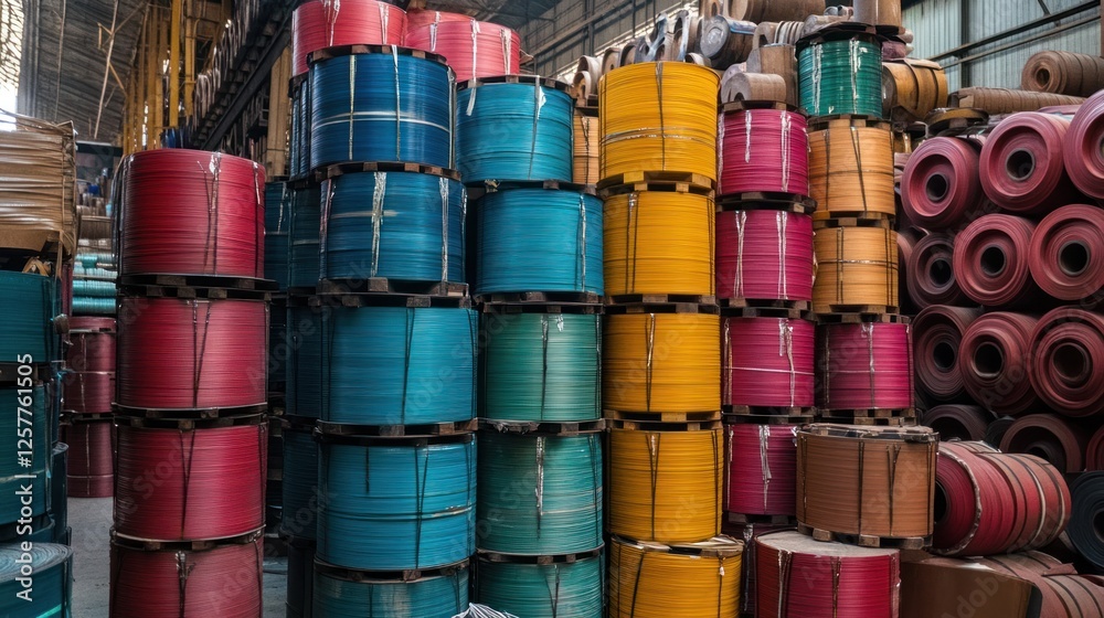 Colorful rolls of industrial material stacked in warehouse. Colorful rolls of industrial material stacked in warehouse.