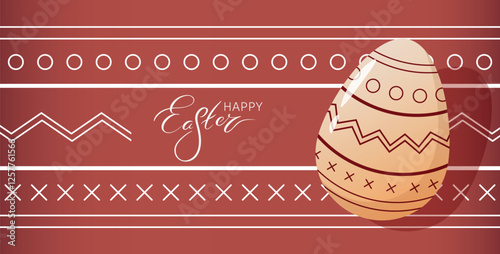 Happy Easter Greeting Card. Ester Egg decorated with ornament pattern, against same on the background and Hand Lettering Easter word. Horizontal Banner, Cover, or Website Header.