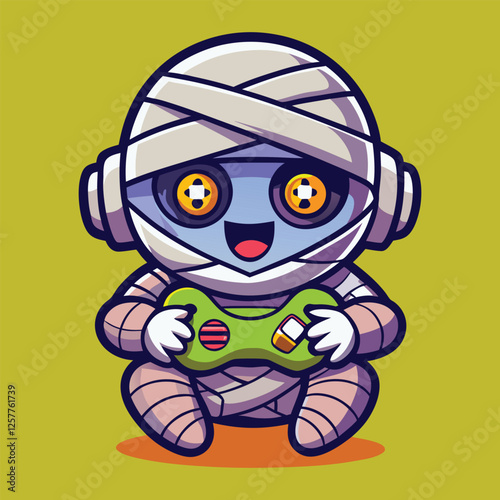 Cute mummy gamer playing video games cartoon