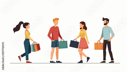 A group of stylish young people walking with shopping bags, symbolizing consumerism, retail, and lifestyle trends.