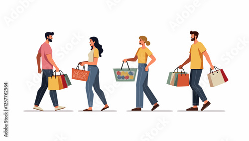 A group of stylish young people walking with shopping bags, symbolizing consumerism, retail, and lifestyle trends.