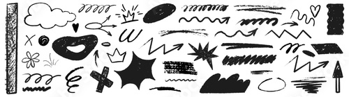 Line curve with texture crayon chalk. Scribble hand drawn set underline black on white background. Underline curve crayon chalk set, Vector illustration