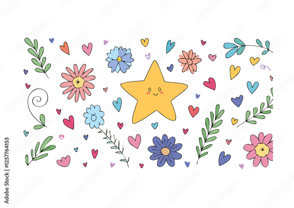 líneas de dibujo estrella, flecha, corazones, elemento de decoraciónconjunto. Dibujo a mano dibujado doodle linda estrella, énfasis, elemento de flor. Icono de forma de decoración