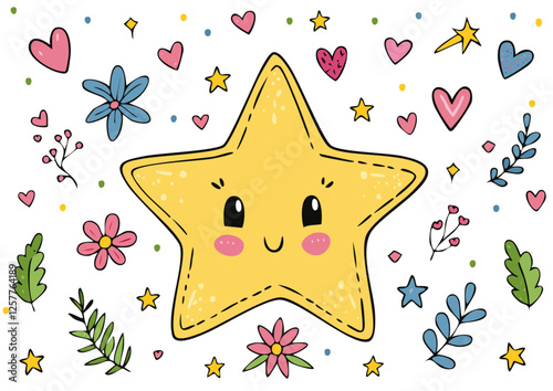 líneas de dibujo estrella, flecha, corazones, elemento de decoraciónconjunto. Dibujo a mano dibujado doodle linda estrella, énfasis, elemento de flor. Icono de forma de decoración