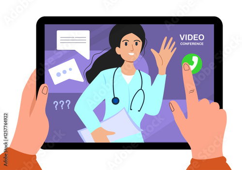 Elderly Hands Hold Tablet and pointing to the screen with doctor. Video call. Specialist communicates with patient of online. Technology concept. Vector illustration.