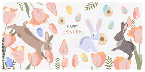 Vector Illustration of Happy Easter Holiday with painted egg, rabbit and flowers. Set Design elements with Typography for Greeting Card, Party Invitation or banner.