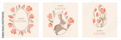 Postcards with Easter eggs, rabbit and flowers in flat style in pastel colors.