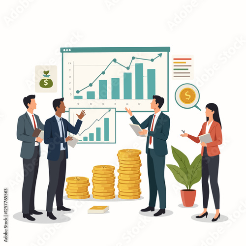 Illustration of business people analyzing financial growth with graphs and coins. It represents success, leadership and financial management.