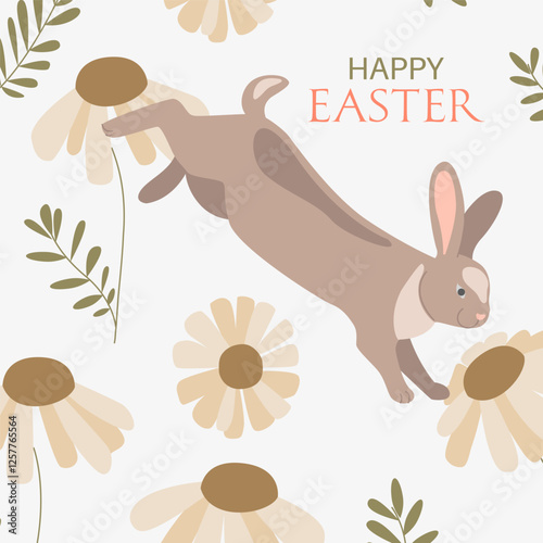 Postcard with Easter eggs, rabbit and flowers in flat style in pastel colors.