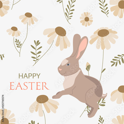 Postcard with Easter eggs, rabbit and flowers in flat style in pastel colors.