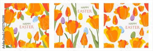 Colorful postcards with flowers and Easter eggs in flat style.