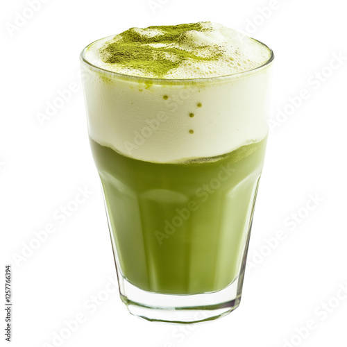 Glass of iced matcha latte with frothy top isolated on transparent white background