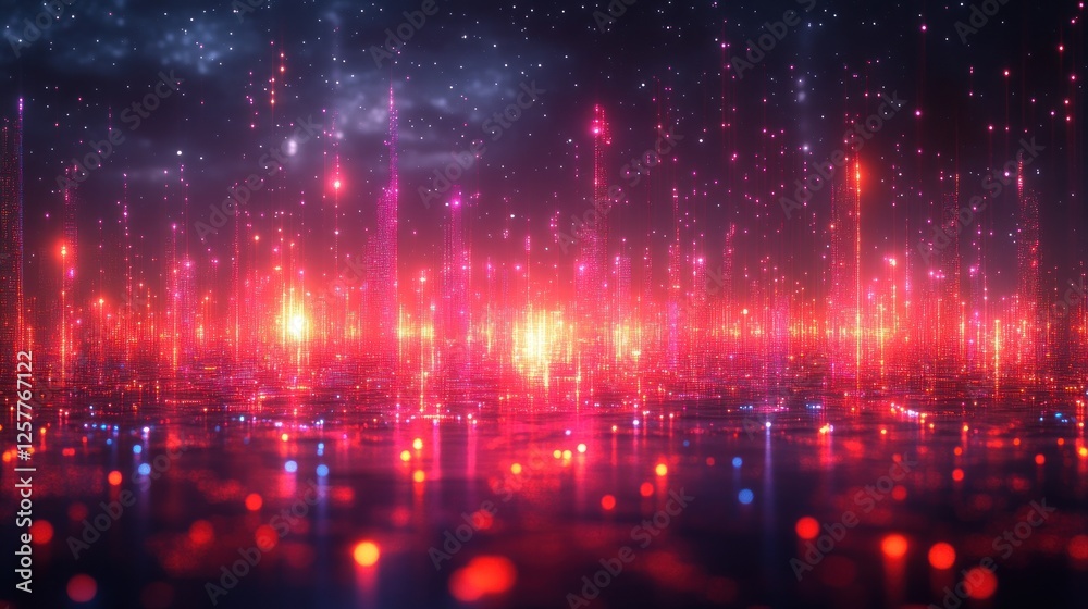 Obraz premium Vibrant digital landscape with glowing particles and reflections, creating a futuristic atmosphere