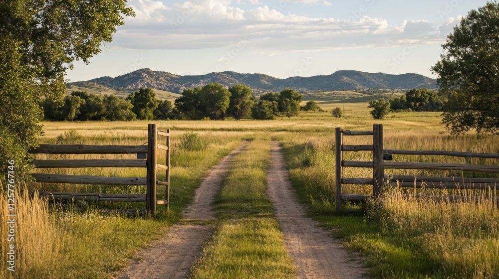 Serene Countryside Landscape with Wooden Gate Serene Countryside Landscape with Wooden Gate