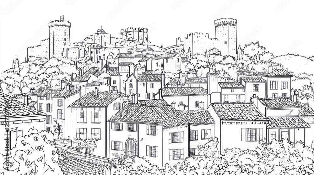 Obraz premium Hilltop village with medieval castles, scenic background, travel postcard