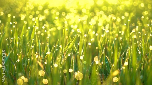 Grass and water drops macro background. Grass with water drops and sun rays in the summer garden.Wet grass in the garden.nature green background