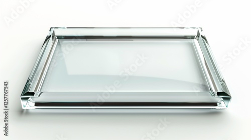 A transparent glass photo frame with smooth beveled edges, isolated on white. The crisp reflections and polished surface add realism.