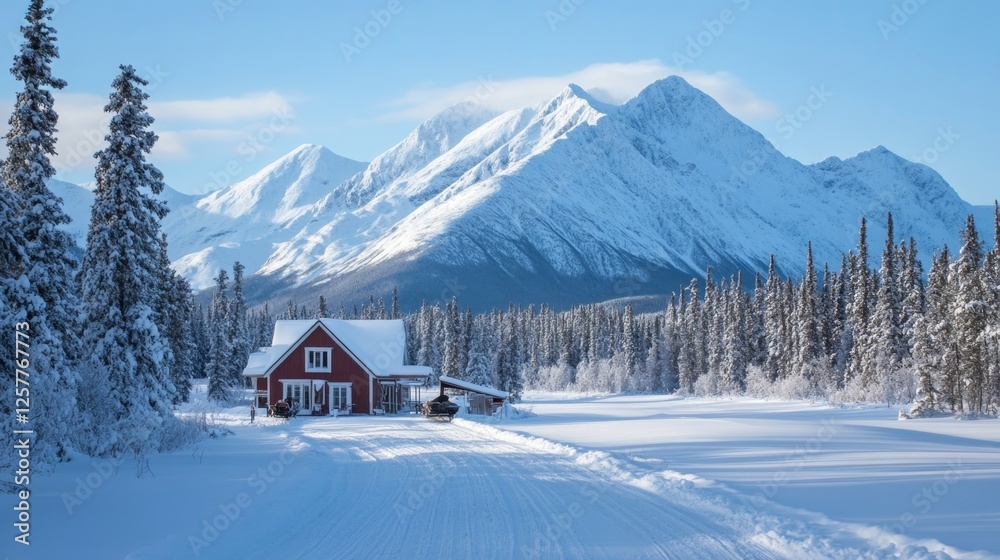 Fototapeta premium Winter Cabin nestled in Snowy Mountains
