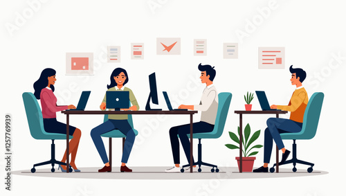 Illustration of people communicating remotely via laptops. Represents virtual meetings, teamwork, and online collaboration.