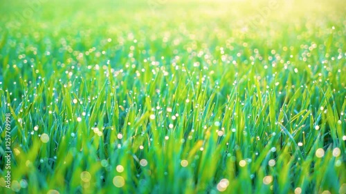 Grass and water drops macro background. Grass with water drops and sun rays in the summer garden.Wet grass in the garden.nature green background