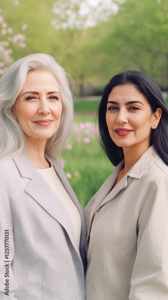 Two female friends meeting in park, spring bright day, casual fashion, one mature Caucasian long grey hair, one dark hair Indian South Asian, friendship diversity healthy active lifestyle Two female friends meeting in park, spring bright day, casual fashion, one mature Caucasian long grey hair, one dark hair Indian South Asian, friendship diversity healthy active lifestyle