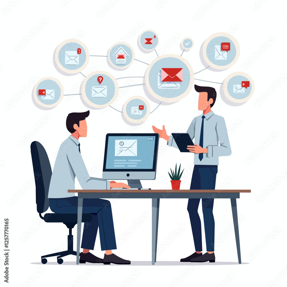 Illustration of a man working at his desk, surrounded by floating emails. Represents office work, communication, and email management.