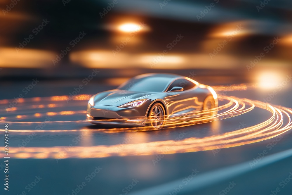Fototapeta premium A car speeds down the street, enveloped in a glowing ribbon of energy, showcasing an innovative representation of safety amidst high velocity movements on a city road