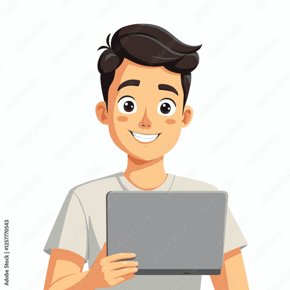 Illustration of a happy man working on a laptop with coffee and documents. Represents productivity, remote work, and freelance lifestyle. Illustration of a happy man working on a laptop with coffee and documents. Represents productivity, remote work, and freelance lifestyle.
