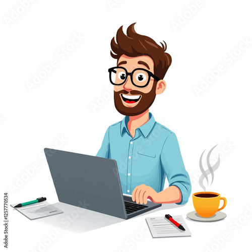 Illustration of a happy man working on a laptop with coffee and documents. Represents productivity, remote work, and freelance lifestyle.