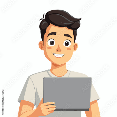 Illustration of a happy man working on a laptop with coffee and documents. Represents productivity, remote work, and freelance lifestyle.