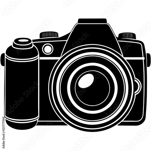 DSLR camera black silhouette vector, Simple silhouette Design vector icon with white background. A sleek, black silhouette of a DSLR/SLR camera.