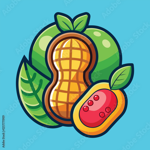 Healthy snack icon featuring peanut guava and green leaves on blue background