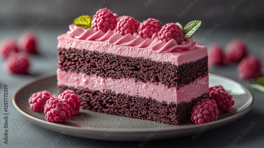 A piece of raspberry ice cream cake with chocolate layers, pink frosting A piece of raspberry ice cream cake with chocolate layers, pink frosting