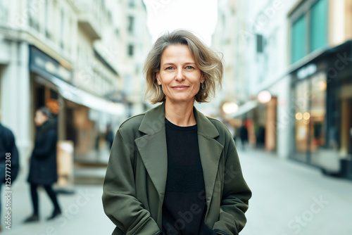 Portrait of middle aged woman standing on a main street of a city. Fashion style photography