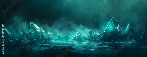 Enigmatic Teal Icebergs in a Mysterious Dark Sea a Fantasy Landscape