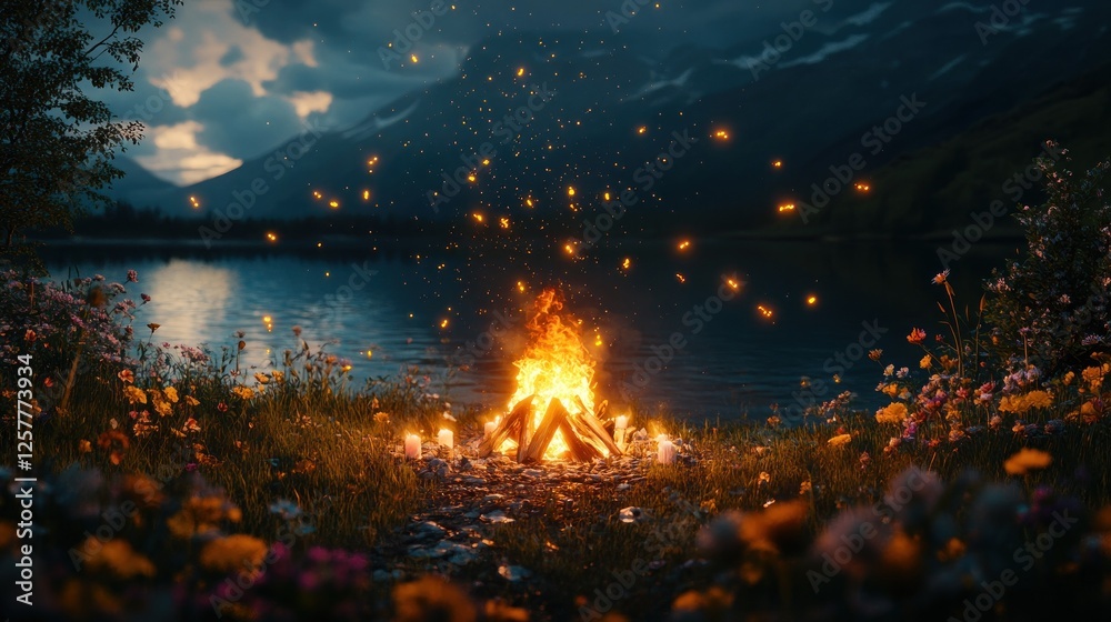 Obraz premium Serene Lakeside Campfire Under A Starry Sky