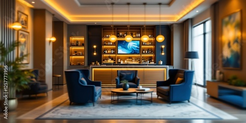 Luxury hotel lounge with bar, seating, and city view