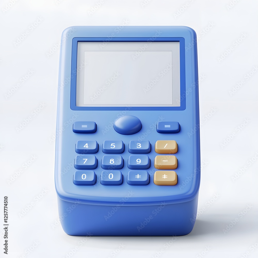 Blue handheld calculator, front view, minimal background, graphic design Blue handheld calculator, front view, minimal background, graphic design