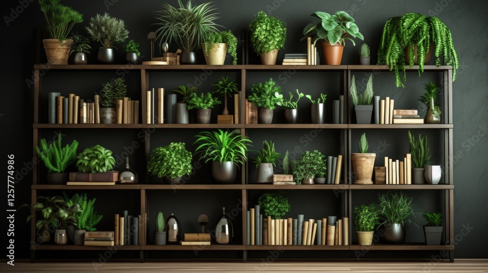 Stylish and Contemporary Bookshelf Filled with Lush Green Plants and Books on a Dark Wall in Modern Interior Decor Aesthetic Stylish and Contemporary Bookshelf Filled with Lush Green Plants and Books on a Dark Wall in Modern Interior Decor Aesthetic