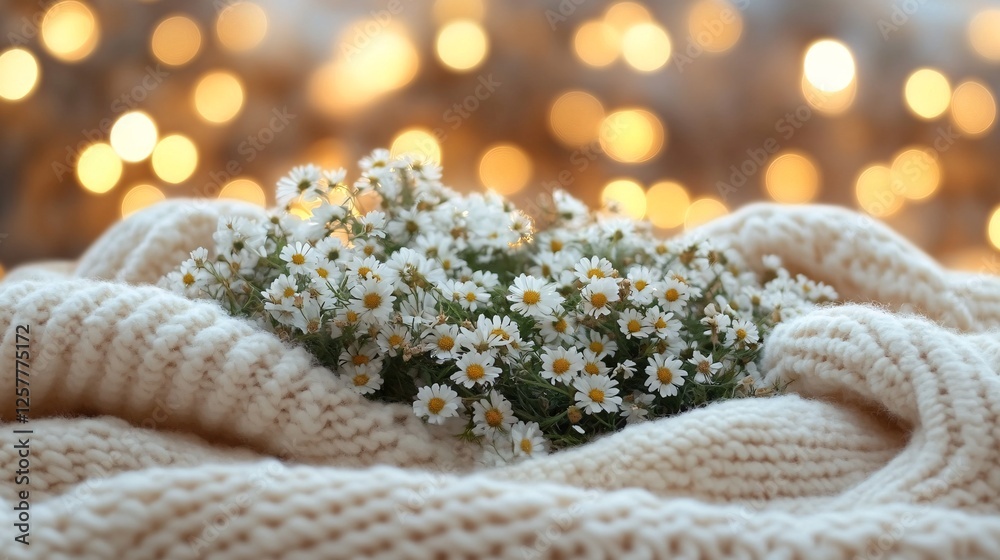 Delicate Wildflowers on Cozy Blanket with Magical Bokeh Background Delicate Wildflowers on Cozy Blanket with Magical Bokeh Background
