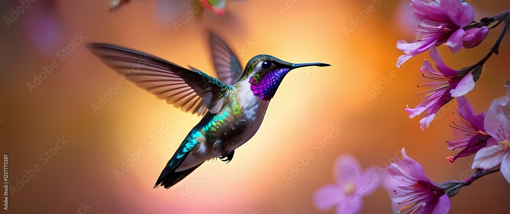 Obraz premium A mesmerizing closeup of a hummingbird hovering near bright blossoms its wings a blur and feathers vibrant embodying rapid beauty in motion
