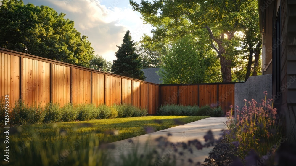 Modern backyard with wooden fence, lawn, and plants. Modern backyard with wooden fence, lawn, and plants.