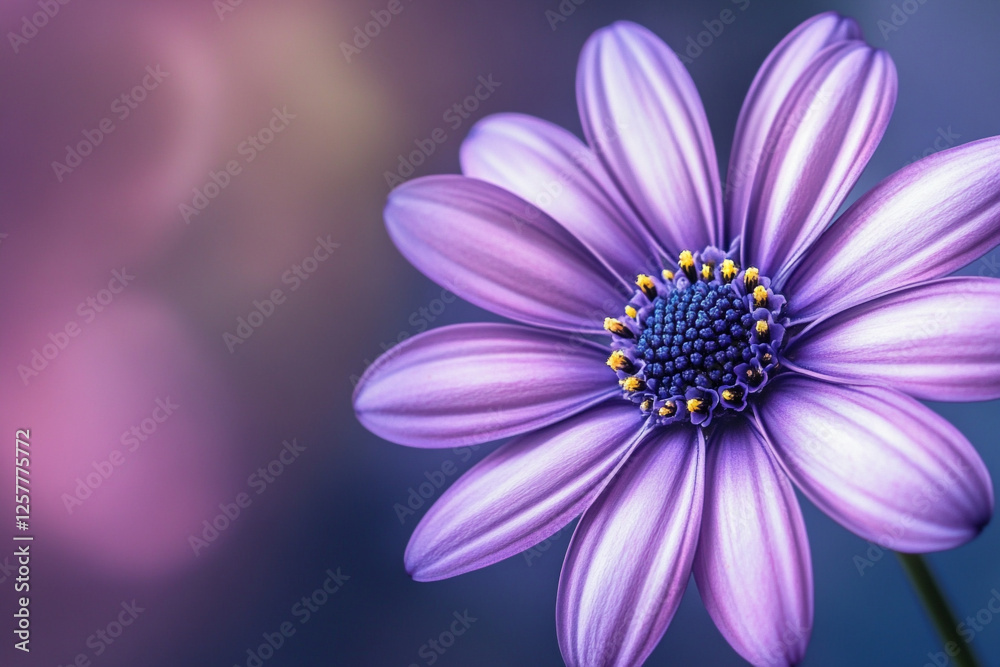 Purple flower with yellow center in front of a blurred background Purple flower with yellow center in front of a blurred background