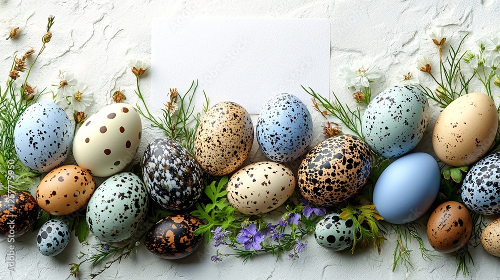 Obraz premium Cozy Magical Easter Flatlay Scene with Colorful Decorated Eggs