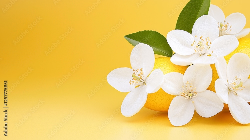 Fototapeta premium A bunch of lemons with white flowers on a yellow background